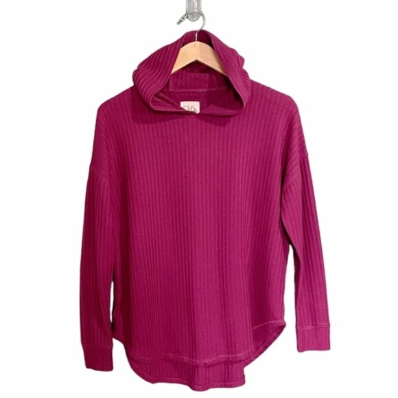 Chaser Waffle Knit Pullover Hoodie Curved Hem Top Raspberry Women’s Size Small - Picture 10 of 10